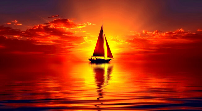A sailboat is sailing in the ocean at sunset