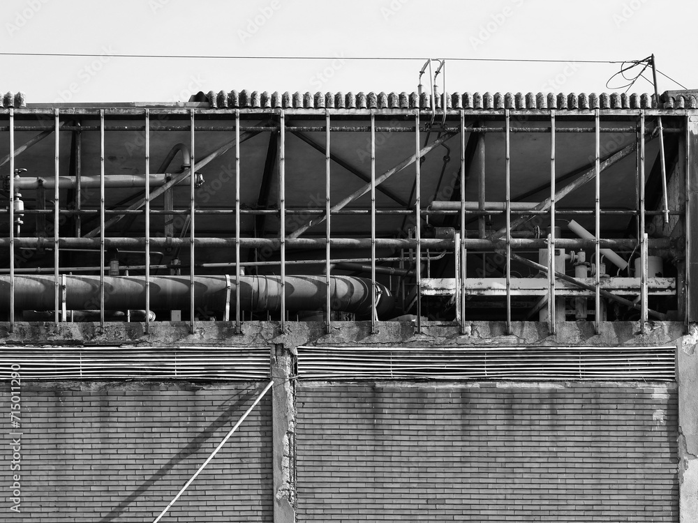 Sticker abandoned factory ruins in black and white