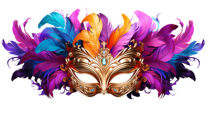 Carnival mask with colorful feathers isolated Transparent background, PNG. - obrazy, fototapety, plakaty