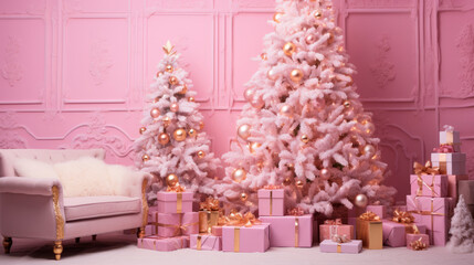 Fabulous Christmas scene unfolds on pink New Year's Eve background with white Christmas tree decorated with pink ornaments, cascade presents against backdrop of small twinkling trees. New Year's card