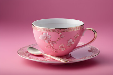 Pink porcellain Tea Coffee Cup with Gold Floral Ornaments on Saucer and Spoon. Delicate   for rich and Feminin Teatime in China, England. For Royal Decor like King and Queen or Grand.