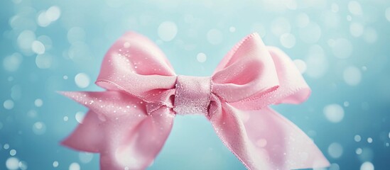 Pink bow with glittery effect on a blue background Generative AI