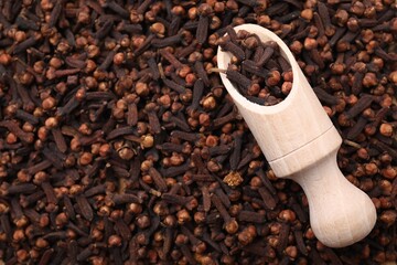 Many aromatic cloves and wooden scoop as background, top view. Space for text