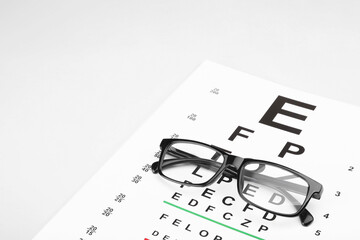 Glasses and vision test chart isolated on white