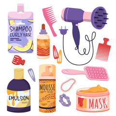 Beauty care for curly hair set vector illustration. Cartoon isolated collection of cosmetics for curly girl method free of silicone and sulfates, shampoo, mask and emulsion, wide tooth comb and clip - obrazy, fototapety, plakaty