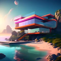 Futuristic Modern House with vibrant sky color ideas 