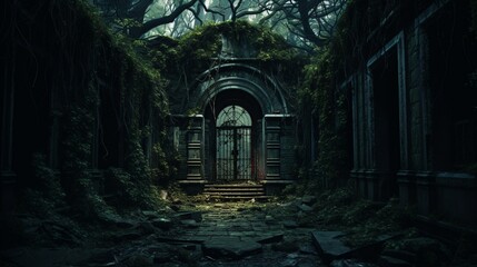 A decrepit, abandoned asylum obscured by overgrown foliage, its broken windows and barred doors hinting at forgotten horrors - Generative AI