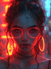 Naklejka premium Beautiful girl in glasses looks at you. Neon, cyberpunk.