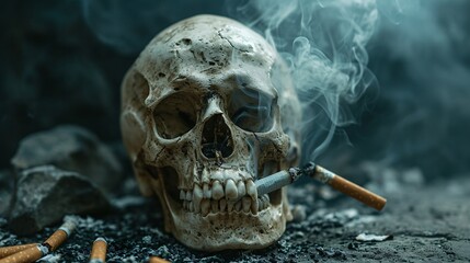 A close-up of a skull with a cigarette in its mouth Generative AI - obrazy, fototapety, plakaty