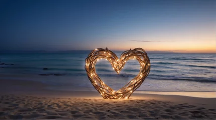 Abwaschbare Fototapete Sonnenuntergang am Strand Many vibrant heart shape setup at beaches with lights, Valentine day wallpaper, Wedding at the beach, 4k photography