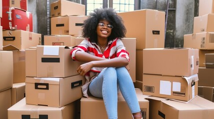 A smiling young woman sits surrounded by cardboard boxes in a storage room, moving day