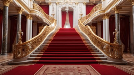 A grand staircase with red carpet in a luxurious palace interior.