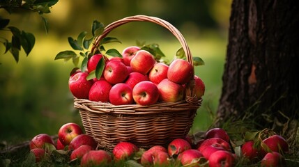 Ripe Red Apples in a Basket in the Garden. Fresh apples. Red fruit.
healthy