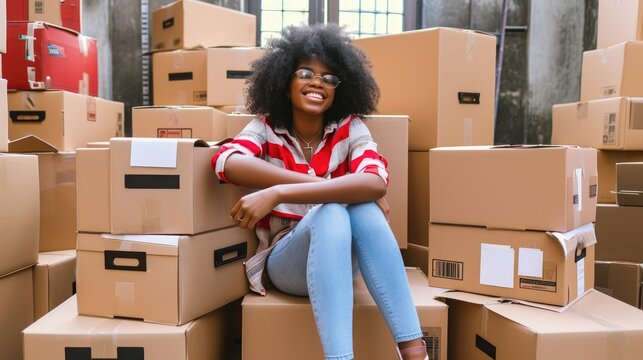A smiling young woman sits surrounded by cardboard boxes in a storage room, moving day