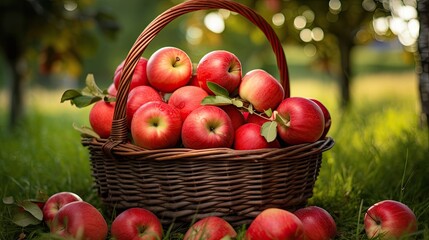 Ripe Red Apples in a Basket in the Garden. Fresh apples. Red fruit.
healthy