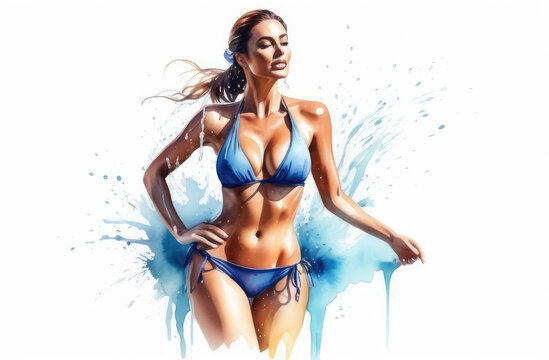sexy swimwear, watercolor illustration. seductive caucasian girl in bikini with water splashes.