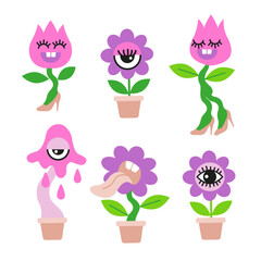 Vector hand drawn illustration. Set of psychedelic angry house plants in a flat cartoon style