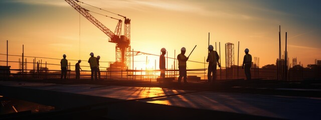 Silhouette of construction workers on the construction site at sunset. Engineer banner concept.  - obrazy, fototapety, plakaty