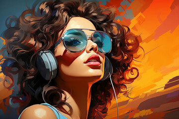 Pop art retro style pretty brunette young woman with headphones. - 715013224