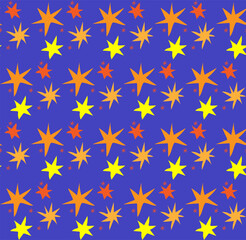 Fototapeta na wymiar Seamless vector texture in the form of yellow and orange stars drawn in doodle style on a blue background