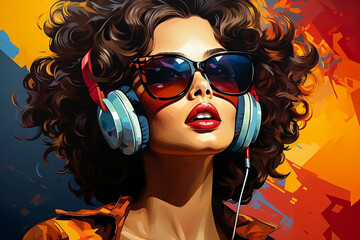 Pop art retro style pretty brunette young woman with headphones. - 715013259