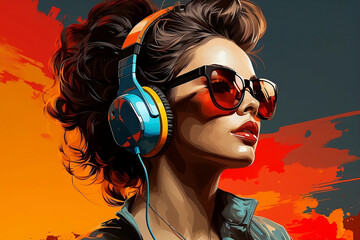 Pop art retro style pretty brunette young woman with headphones. - 715013266