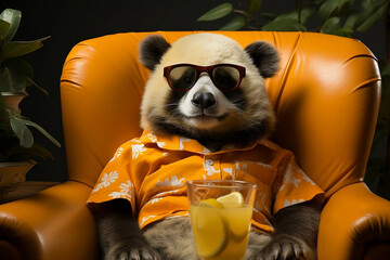 Funny panda wearing summer straw hat and stylish - 715013279