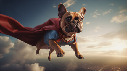 Superhero French Bulldog Flying Over the City at Sunset - obrazy, fototapety, plakaty