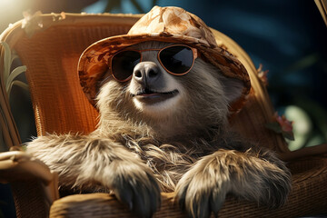 Happy and smiling sloth wearing summer hat - 715013444