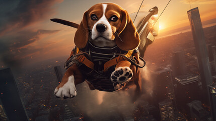 Brave Beagle Paratrooper Soaring Above a Burning Cityscape - obrazy, fototapety, plakaty