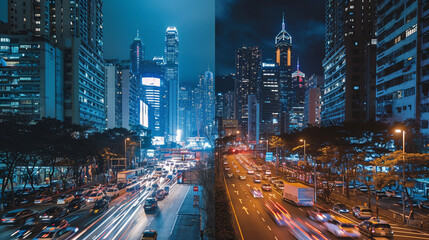 A collage of before-and-after images featuring a bustling urban area with lights on and the same scene during Earth Hour, showcasing the dramatic impact of collective action in red - obrazy, fototapety, plakaty