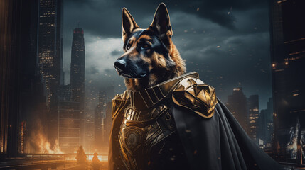 Armored German Shepherd as a Futuristic Guardian in a Burning Cityscape - obrazy, fototapety, plakaty