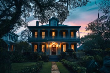 Exterior of old classic house in New orleans. Old real estate in Southern United States at twilight