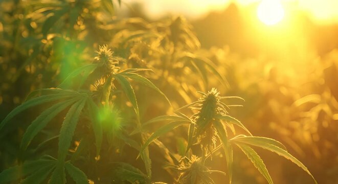 Thriving Cannabis Plantation. A close-up of a lush cannabis plant in natural sunlight, highlighting the plant's structure and potential for CBD production