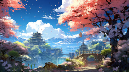 Japanese or fantasy eastern landscape. Spring summer autumn. Ancient place Path. Temple. Panorama  background. Digital painting. Poster, invitation, flyer, banner, email, header. Generative Ai content - obrazy, fototapety, plakaty