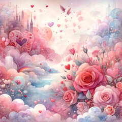 Fantasy Valentine's Cityscape with Roses and Hearts.