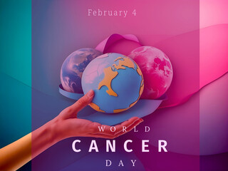  a hand holding a globe, a background of pink and blue.
