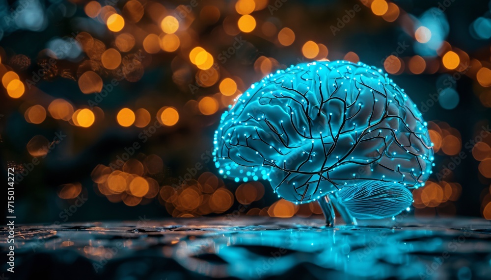 Poster a blue and purple lighted brain with a tree branch generative ai