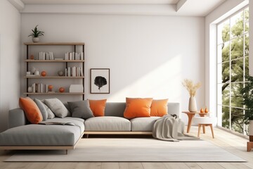 Modern living room interior with a sofa and orange pillows