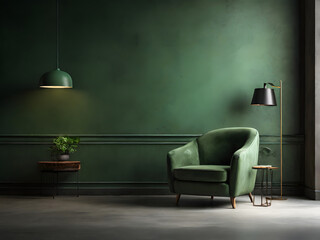 Living room with green armchair on empty dark concrete wall background