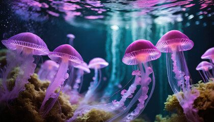 Fototapeta na wymiar Underwater view of amazing neon jellyfish and mushrooms. Generative ai