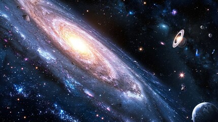 Vivid illustration of various celestial bodies and cosmic events in a galaxy.