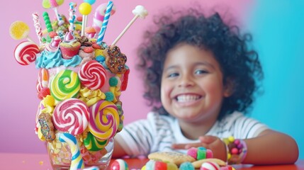 A joyful child with a massive decorated milkshake freakshake in front of them.