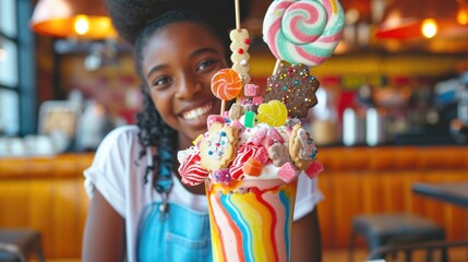 A smiling african girl posing with a whimsical, candy-decorated milkshake in a cafe.