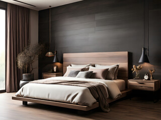 luxury bedroom interior with bedding sheet dark tone and modern style, stone and wooden headboard, wooden floor.