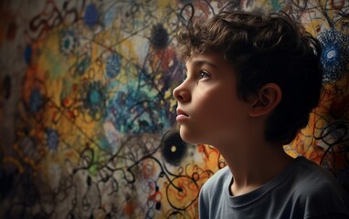 Fototapeta premium A small child against the background of a wall painted with graffiti. Autism in children