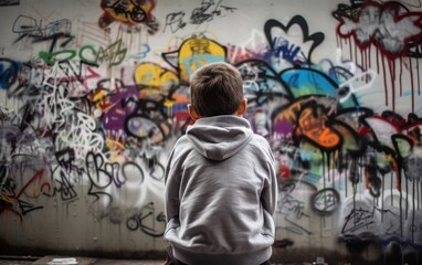 Obraz na płótnie Canvas A small child against the background of a wall painted with graffiti. Autism in children