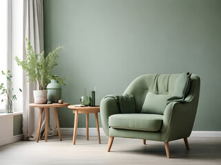 Scandinavian living room with green armchair on empty white wall background