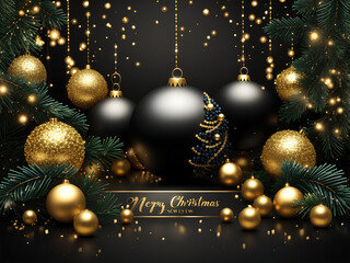 Christmas holiday design. Realistic glitter balls, fir tree branches, golden beads with tinsel and a gift box. New Year black background. with greeting text illustration design.