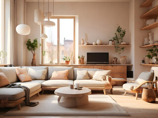 Fototapeta na wymiar Modern interior japandi style design livingroom. Lighting and sunny scandinavian apartment with plaster and wood